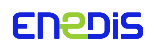 Logo “Enedis” : le mot ENEDIS en lettres arrondies, bleu pour “EN” et “DIS”, vert pour "E". Fond transparent.